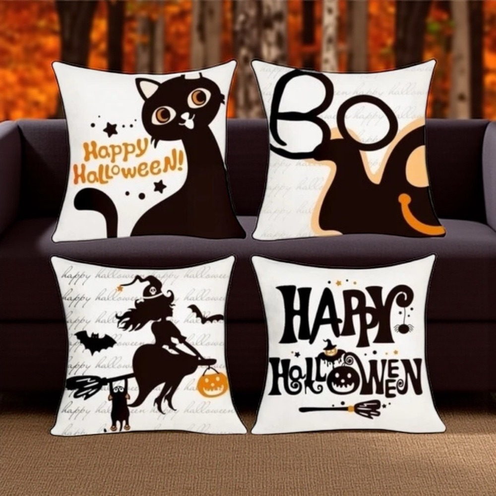 4 NEW Derayee Halloween Decor Pillow Covers 17x17 Witch Cat Pumpkin Ghost